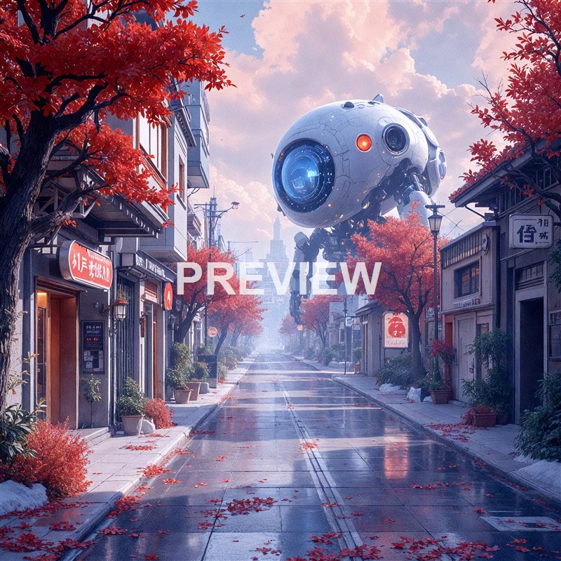 A futuristic city street with red-leaved trees and a large, hovering robotic spaceship in the sky, creating a blend of modern urban life and advanced technology.